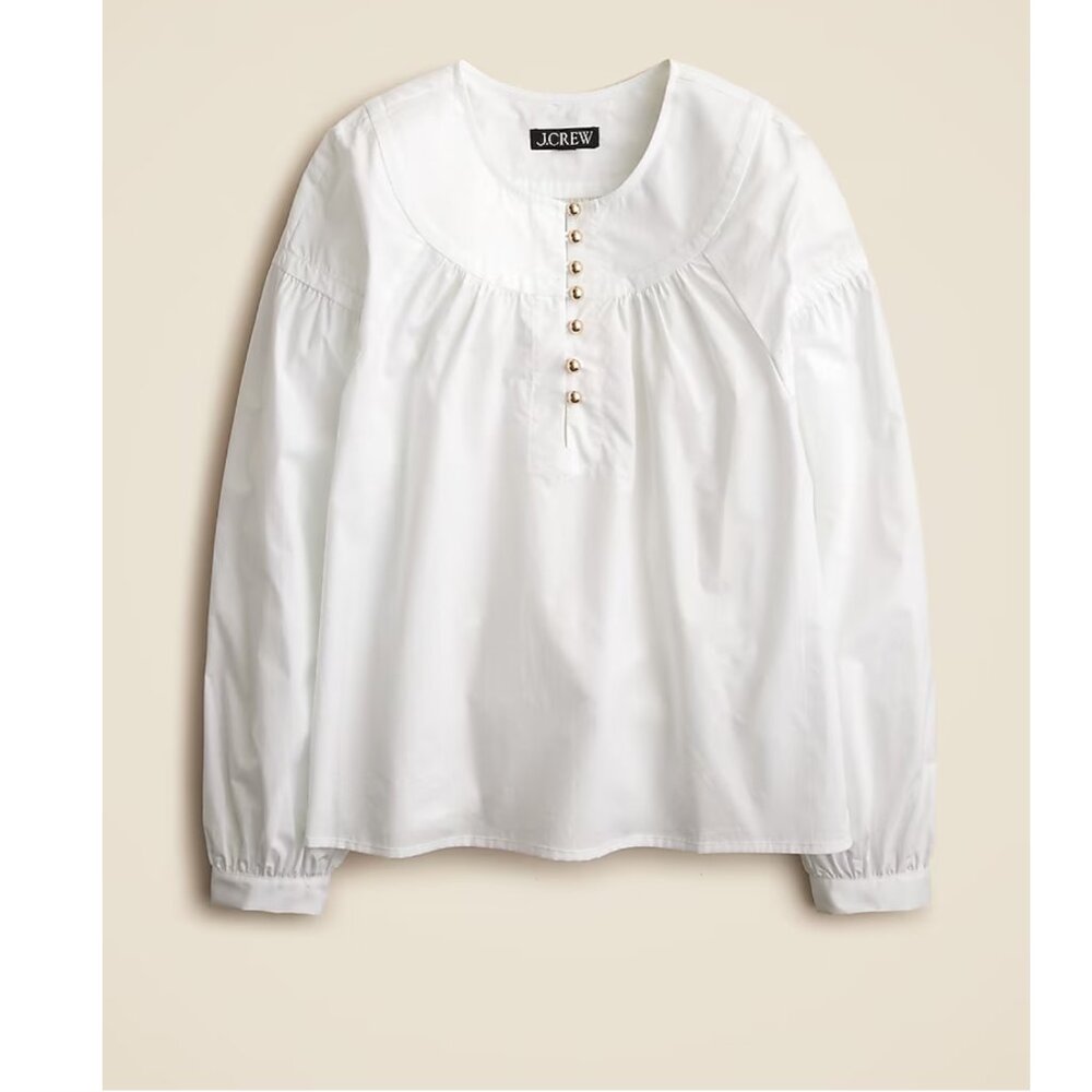 NWT J. Crew White Shirred Popover Top in Cotton Poplin Size L